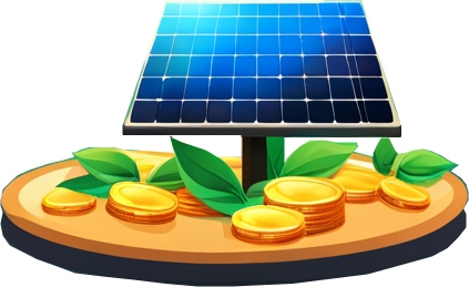 A solar panel on a pile of money that is growing leaves